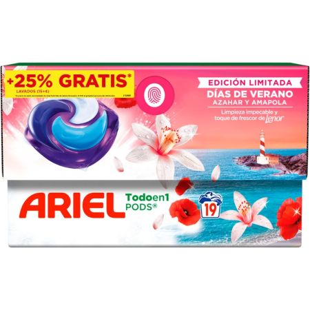 Ariel Detergente Todo En 1 Pods Días De Verano Edición Limitada Detergente en cápsulas quitamanchas ilumina refresca y protege ofreciendo un aroma a azahar y amapola 19 uds