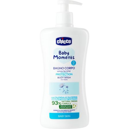 Chicco Baby Moments Protection Bagno Corpo +0m Gel de ducha limpia suavemente respetando la fina y delicada piel del bebé con ingredientes de origen natural 500 ml