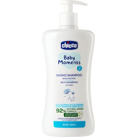 Chicco Baby Moments Gel De Baño-Champú 2 En 1 +0m Gel de ducha y champú limpia el fino cabello y la delicada piel del bebé con ingredientes de origen natural 500 ml
