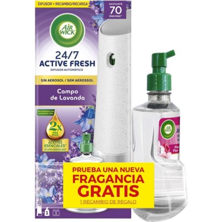 Air Wick 24/7 Active Fresh Lavanda Difusor+Cherry Recambio Gratis Ambientador automático para hogar con suave aroma ideal para cualquier habitación hasta 70 días de duración 228 ml