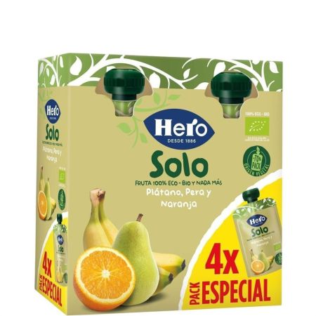 Hero Solo Bolsitas Eco Plátano Pera Y Naranja Pack Especial Bolsitas naturales sin gluten elaboradas con ingredientes 100% ecológicos a partir de 6 meses 4x100 gr
