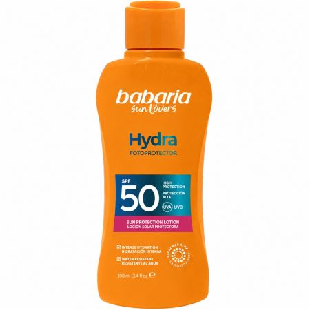 Babaria Hydra Fotoprotector Loción Solar Protectora Spf 50 Leche solar corporal resistente al agua mejora la penetración y eficacia hidratante del aloe vera 100 ml