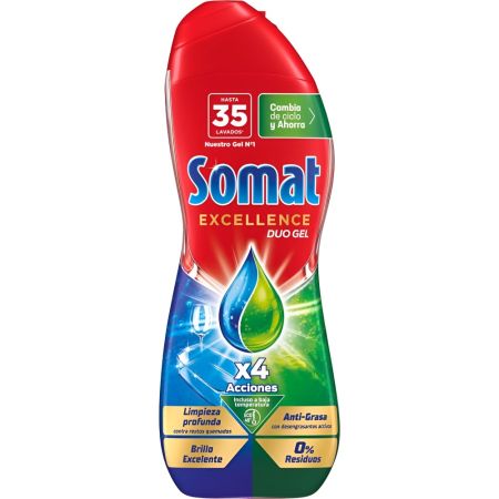 Somat Lavavajillas Excellence Duo Gel Lavavajillas a máquina de textura gel ofrece fuerte acción desengrasante 35 lavados 630 ml