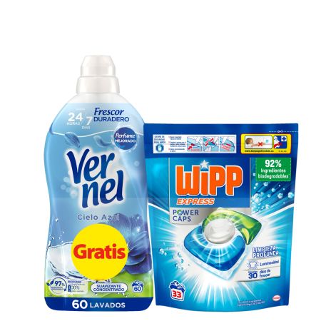 Wipp Express Detergente Power Caps+Suavizante Cielo Azul Gratis Pack regalo para el lavado de la ropa ofrece una suavidad increíble y hasta 10 semanas de frescor