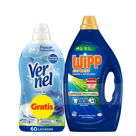 Wipp Express Detergente Higiene & Antiolores + Suavizante Cielo Azul Pack regalo para el lavado de la ropa