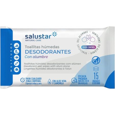 Salustar Toallitas Húmedas Desodorantes Toallitas desodorantes con alumbre natural para sentirse limpio y fresco 15 uds