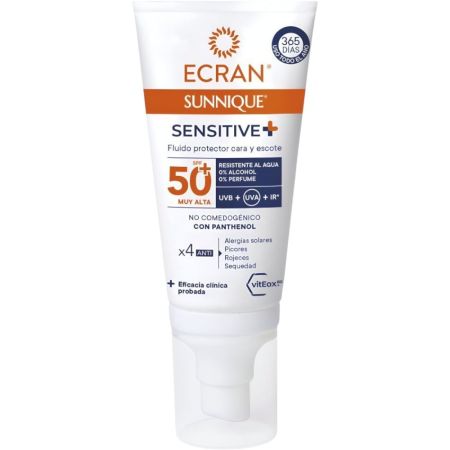 Ecran Sunnique Sensitive+ Fluido Protector Spf 50+ Fluido solar facial biodegradable para rostro y escote antialergias picores rojeces y sequedad 50 ml