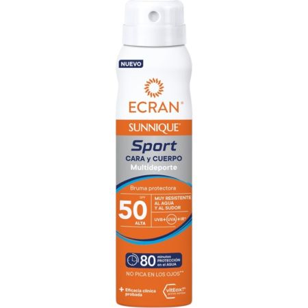 Ecran Sunnique Sport Bruma Protectora Spf 50 Bruma solar facial y corporal muy resistente al agua y al sudor ofrece frescor instantáneo de larga duración 75 ml