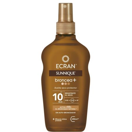 Ecran Sunnique Broncea+ Aceite Seco Protector Spf 10 Aceite bronceador protector ofrece un tono dorado por más tiempo ilumina e hidrata la piel 200 ml