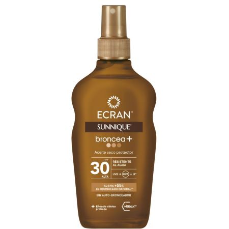 Ecran Sunnique Broncea+ Aceite Seco Protector Spf 30 Aceite bronceador protector ofrece un tono dorado por más tiempo ilumina e hidrata la piel 200 ml