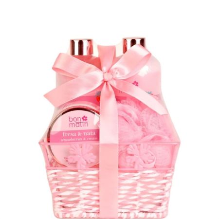 Bon Matin Fresa & Nata Cesta Set Set de baño hidratante y relajante ideal para regalar o darte un capricho con aroma a fresa y nata