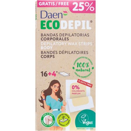 Daen Ecodepil Corporales Bandas Depilatorias Formato Especial Bandas depilatorias veganas de cera fría acabado eficaz cómodo y de larga duración 20 uds