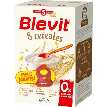 Blevit Papilla Instantánea 8 Cereales+Babero Silicona Gratis Papilla en polvo instantánea sin azúcares y con un alto contenido en fibra a partir de 5 meses 500 gr