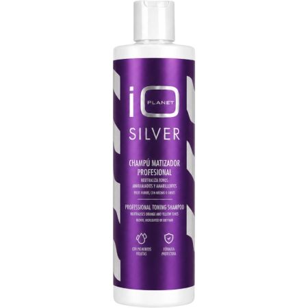 Io Planet Silver Champú Matificador Profesional Champú matizador neutraliza tonos anaranjados y amarillentos ofreciendo brillo para cabello rubio gris o con mechas 250 ml