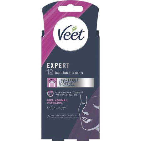Veet Expert Bandas De Cera Rostro Bandas faciales de cera fría con manteca de karité eliminan el vello más corto desde la raíz