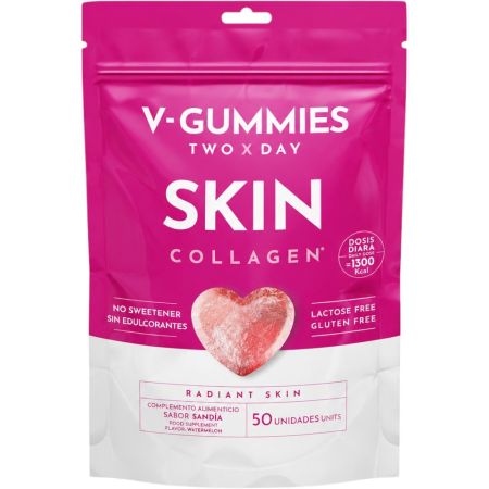 V-Gummies Skin Complemento Alimenticio Complemento alimenticio nutre la piel desde dentro mejorando la textura para un brillo natural con aroma a sandía 50 uds