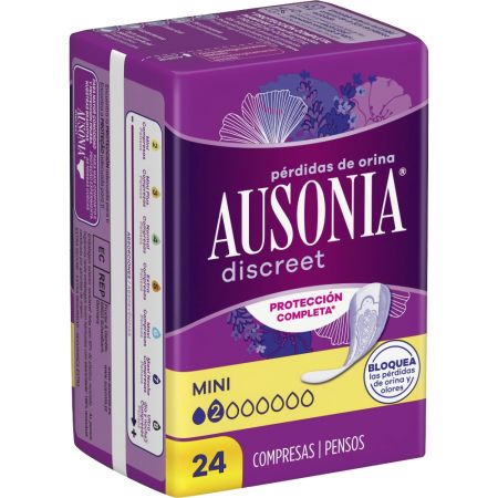 Ausonia Discreet Mini Compresas Compresas para pérdidas de orina superabsorbentes ofrecen protección total y ajuste discreto sin olor 24 uds