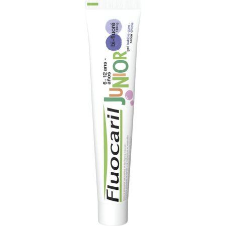 Fluocaril Junior Dientes Definitivos Pasta Dentífrica 6-12 Años Pasta de dientes infantil protege y evita acumulación de placa bacteriana con sabor chicle 75 ml