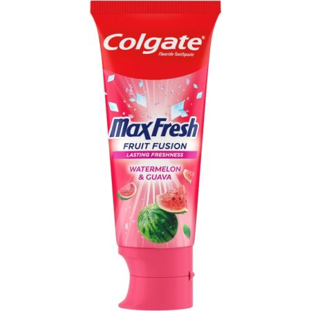 Colgate Dentífrico Max Fresh Fruit Fusion Watermelon & Guava Pasta de dientes con flúor combate las caries ofreciendo aliento fresco con sabor a sandía y guayaba 75 ml