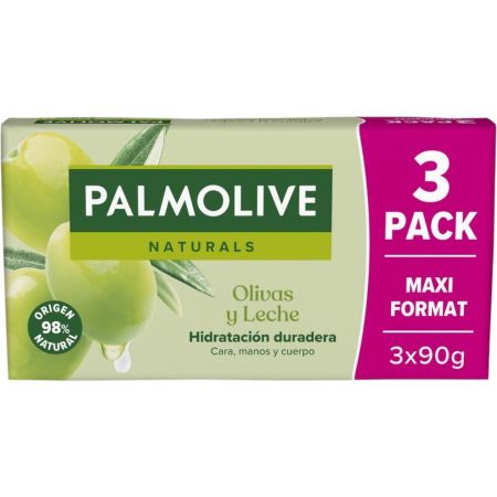 Nb Palmolive Jabón Naturals Olivas Y Leche Formato Maxi Jabón en pastilla ultrahidratante para rostro manos y cuerpo enriquecido con extracto de oliva 3x90 gr