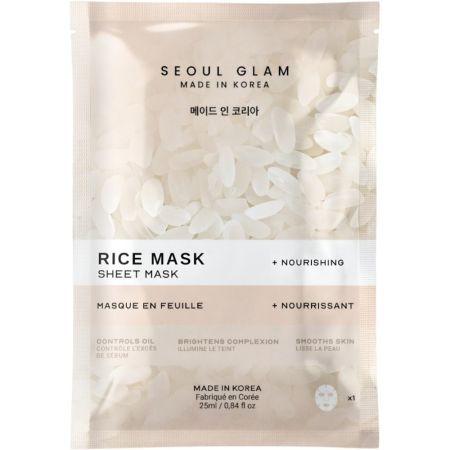Seoul Glam Rice Sheet Mask Mascarilla facial hidratante refina la textura unifica y potencia la luminosidad natural de la piel con extracto de arroz