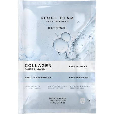 Seoul Glam Collagen Sheet Mask Mascarilla facial nutritiva mejora la elasticidad hidratando en profundidad para un brillo radiante y revitalizado con colágeno