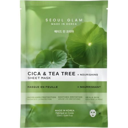 Seoul Glam Cica & Tea Tree Sheet Mask Mascarilla facial calmante reduce enrojecimiento controla exceso de grasa y favorece la regeneración con árbol del té