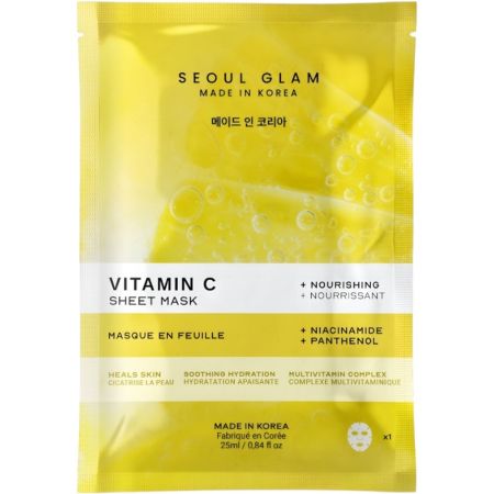 Seoul Glam Vitamin C Sheet Mask Mascarilla facial iluminadora unifica el tono mejorando la opacidad para una piel fresca con vitamina c