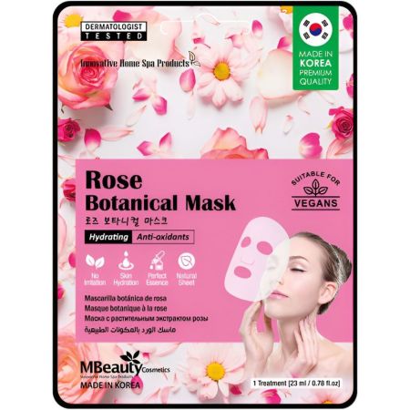 Mbeauty Cosmetics Hydrating Rose Botanical Mask Mascarilla facial de tela coreana profundamente nutritiva y axntioxidante ofrece efecto calmante y fresco