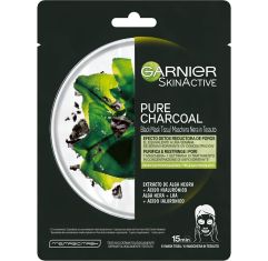 Imagen de Garnier Skin Active Pure Charcoal Black Mask Tissu Mascarilla facial purificante reductora de poros con extracto de alga y ácido hialurónico