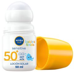 Imagen de Nivea Sun Babies & Kids Sensitive Loción Solar Roll-On Spf 50+ Protector solar infantil extraresistente al agua aplicación rápida sencilla y divertida 50 ml