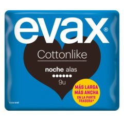 Imagen de Evax Compresas Cottonlike Noche Alas Compresas de noche con alas y parte trasera más larga y ancha ofrecen mayor suavidad y larga duración
