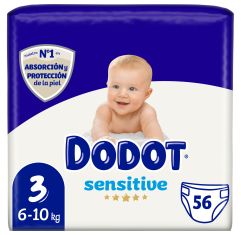 Dodot Pañales Sensitive 6-10 Kg Talla 3 Pañal absorbe y bloquea al instante ofreciendo máxima protección y absorción 56 uds