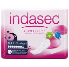 Imagen de Indasec Compresas Dermo Seda Maxi Good Night Compresas antifugas y antiolores con doble núcleo absorbente para la noche 12 uds