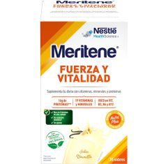 Imagen de Meritene Fuerza Y Vitalidad Café Vainilla Complemento Alimenticio Complemento alimenticio en polvo con proteínas y vitaminas contribuye a diminuir el cansancio y fatiga 15x30 gr