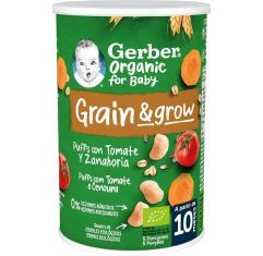 Imagen de Gerber Organic For Baby Grain & Grow Puffs Tomate Y Zanahoria Snack ecológico sin azúcares añadidos promueve la autonomía de forma divertida a partir de 10 meses 35 gr