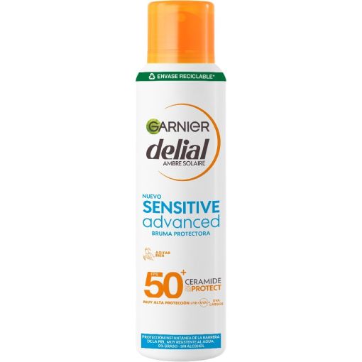 Delial Sensitive Advanced Bruma Protectora Ceramide Protect Spf 50+ Bruma solar corporal protectora muy resistente al agua previene instantáneamente quemaduras solares 150 ml