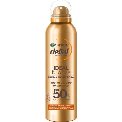 Delial Ideal Bronze Bruma Protectora Spf 50 Bruma solar bronceadora resistente al agua y sin alcohol ofrece un acabado uniforme y luminoso 150 ml