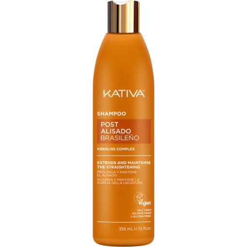 Kativa Post Alisado Brasileño Shampoo Champú nutritivo prolonga el alisado ofreciendo brillo y suavidad con keratina vegetal y ácido hialurónico 355 ml