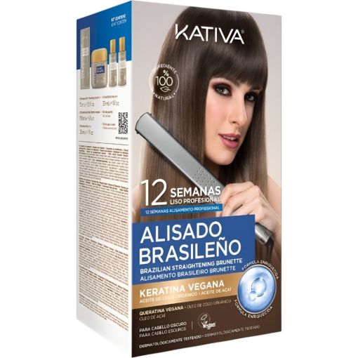 Kativa Alisado Brasileño Para Cabello Oscuro Tratamiento de alisado vegano para un resultado profesional hasta 12 semanas de duración sin dañar