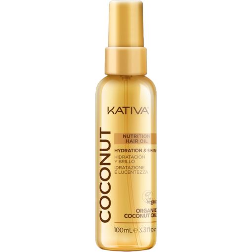 Kativa Hidratación Y Brillo Coconut Nutrition Hair Oil Aceite capilar nutritivo ofrece una cabello sano suave y brillante con aceite de coco orgánico 100 ml