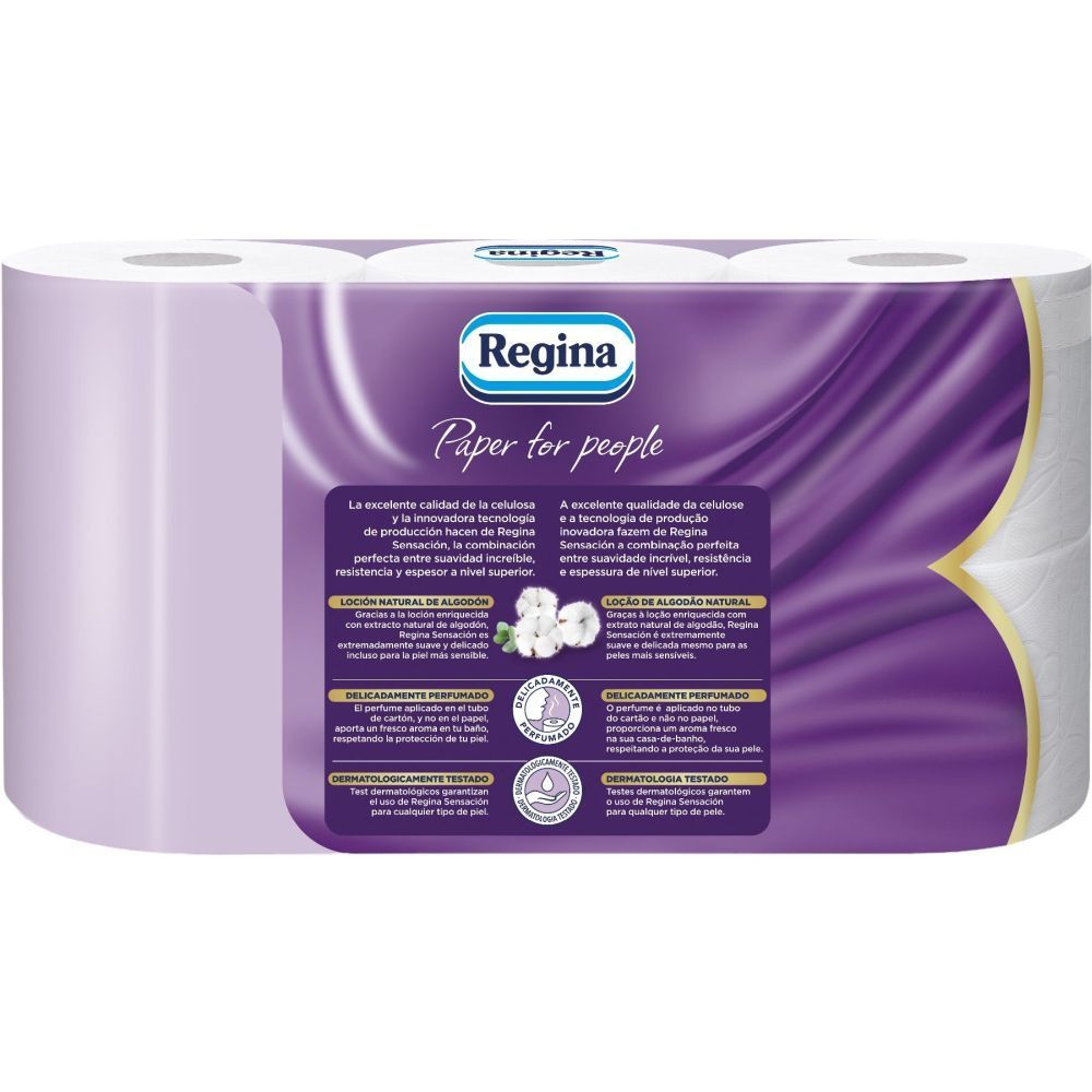 Regina Sensación Confort Delicado Formato Especial Papel higiénico perfumado de3 capas ofrece suavidad resistencia y espesor supeior 6 uds