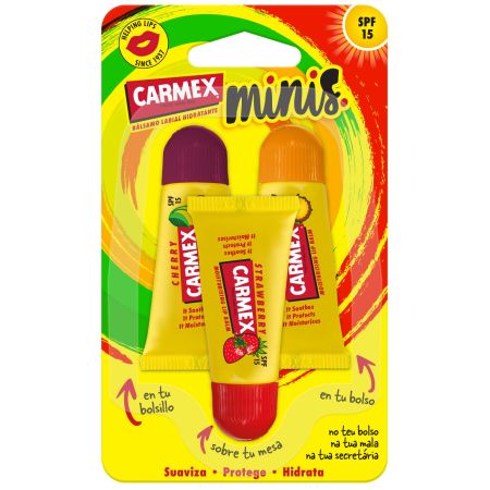 Carmex Bálsamo Labial Hidratante Minis Spf 15 Bálsamo labial protege hidrata y repara labios agritados sabor fresa cereza y piña 3 uds