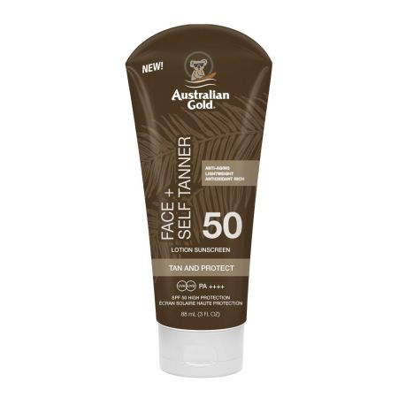 Australian Gold Face+ Self Tanner Lotion Sunscreen Tan And Protect Spf 50 Bronceador solar facial antiedad hidrata y protege 88 ml