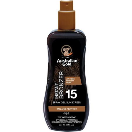 Australian Gold Instant Bronzer Tan And Protect Spray Gel Sunscreen Spf 15 Loción solar corporal bronceadora muy reisistente al agua hidrata protege y ofrece acabado natural 237 ml
