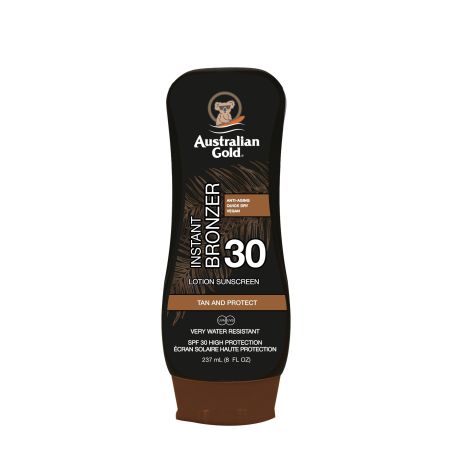 Australian Gold Instant Bronzer Lotion Sunscreen Tan And Protect Spf 30 Loción solar hidrata y protege para un bronceado natural de caramelo 237 ml