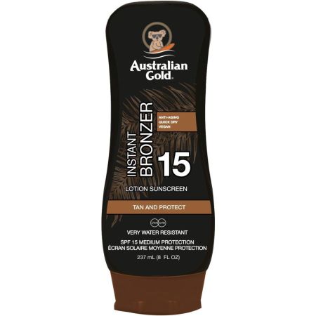 Australian Gold Instant Bronzer Tan And Protect Lotion Sunscreen Spf 15 Leche solar corporal bronceadora muy reisitente al agua hidrata protege y ofrece acabado natural 237 ml