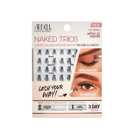 Ardell Pestañas Postizas Naked Trios + Pegamento Pestañas postizas individuales en trios curvatura suave y acabado natural hasta 3 días 32 uds