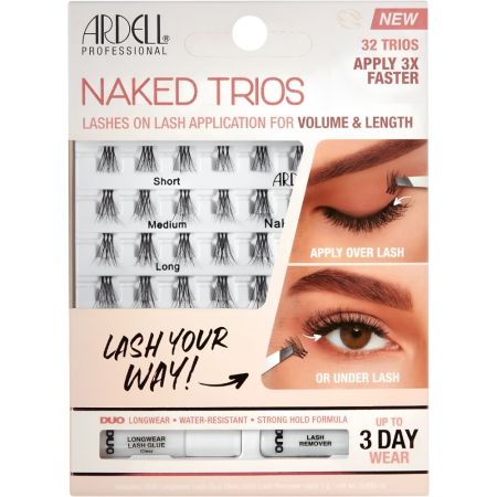 Ardell Pestañas Postizas Naked Trios + Pegamento Pestañas postizas individuales en trios curvatura suave y acabado natural hasta 3 días 32 uds
