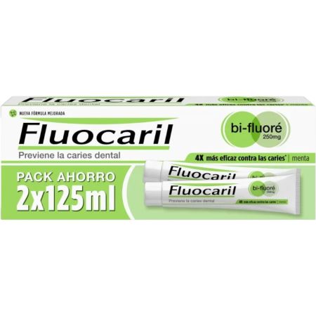 Fluocaril Bi-Fluoré Menta Pasta Dentífrica Duplo Pack Ahorro Pasta de dientes evita la aparición de caríes y encías inflamadas con sabor menta 2x125 ml